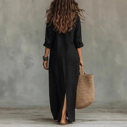 Abito Maxy Lungo con Collo Camicia per Donne – Abito Estivo Leggero con Scollatura a V e Maniche Lunghe