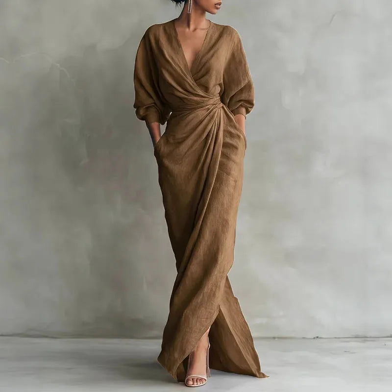 Elegante Maxikleid mit Drapierung für Damen – Figurbetontes Wickelkleid mit V-Ausschnitt