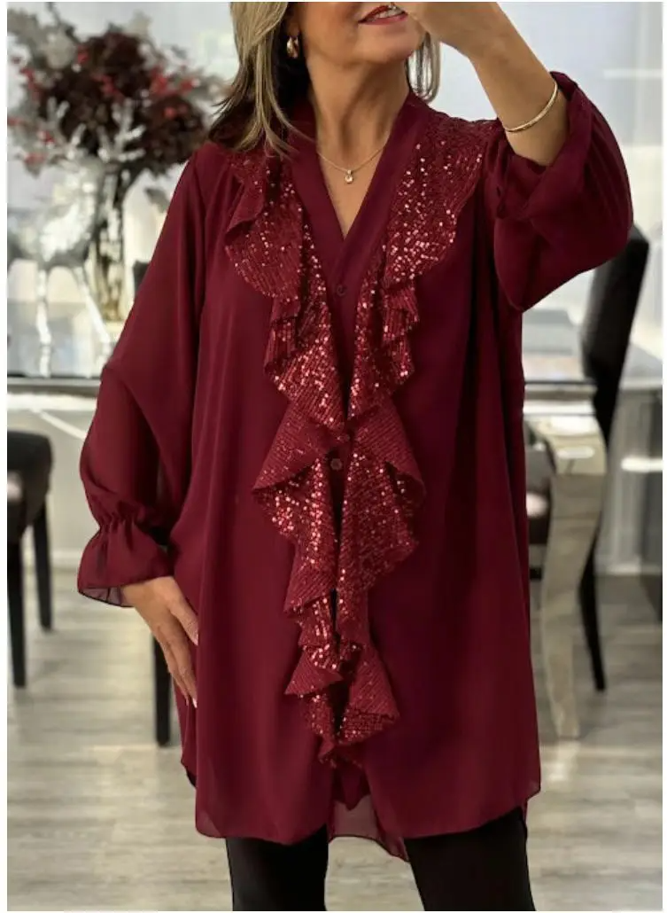 Noésa - Abito camicia per donne con maniche lunghe, taglio a A, con volant scintillanti