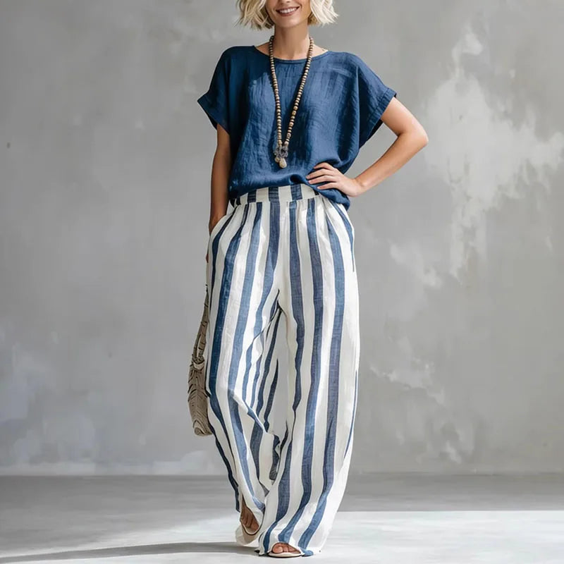 Set due pezzi casual con top per donne – Outfit estivo leggero con righe e pantaloni larghi