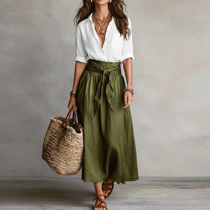 Elegante set a due pezzi con blusa per donne – Maxi gonna fluida con cintura