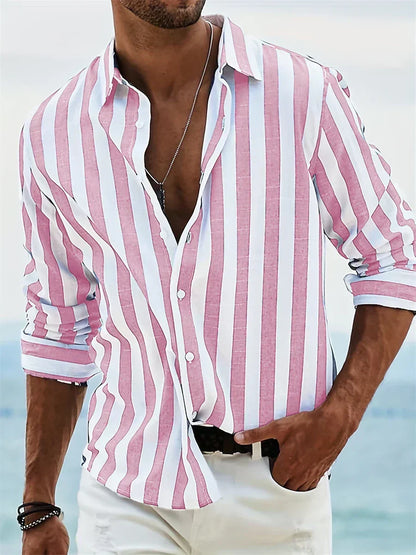 Valentin - Camicia da uomo estiva – Tessuto misto lino/cotone con righe azzurro chiaro e taglio casual