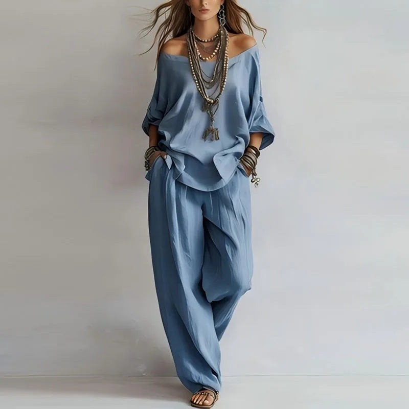 Set due pezzi casual con top senza spalle per donne – Outfit estivo leggero con pantaloni larghi