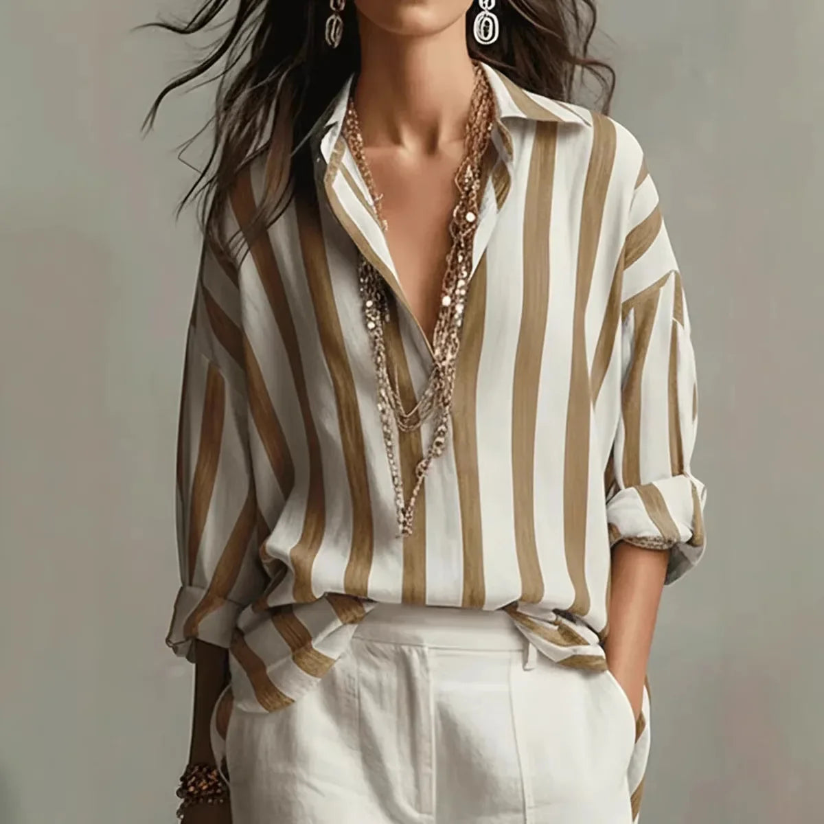 Blusa a righe casual con scollo a V per donne – Blusa leggera a maniche lunghe in look oversize