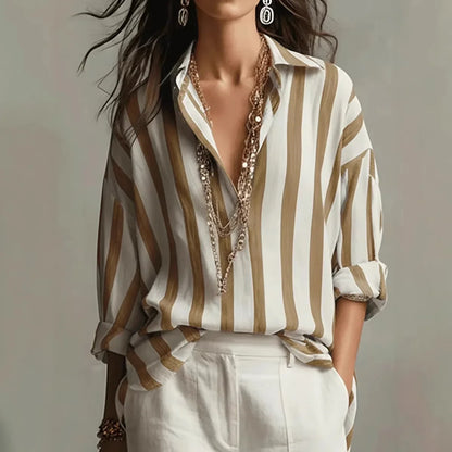 Blusa a righe casual con scollo a V per donne – Blusa leggera a maniche lunghe in look oversize