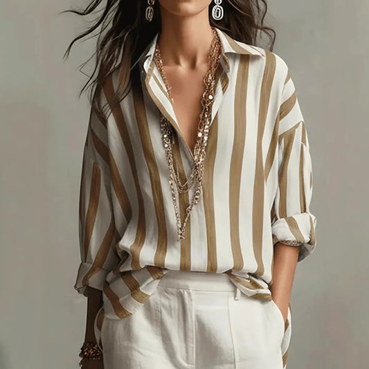 Blusa a righe casual con scollo a V per donne – Blusa leggera a maniche lunghe in look oversize