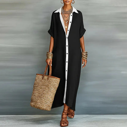 Abito lungo a camicia con bottoni per donne – Abito maxi leggero in effetto lino