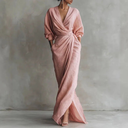 Elegante Maxikleid mit Drapierung für Damen – Figurbetontes Wickelkleid mit V-Ausschnitt
