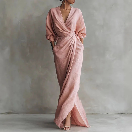 Elegante Maxikleid mit Drapierung für Damen – Figurbetontes Wickelkleid mit V-Ausschnitt