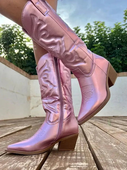 Lunéaëlle - Stivali da Cowboy Ricamati Metallici in Stile Western | Must-Have Moda per Primavera e Festival