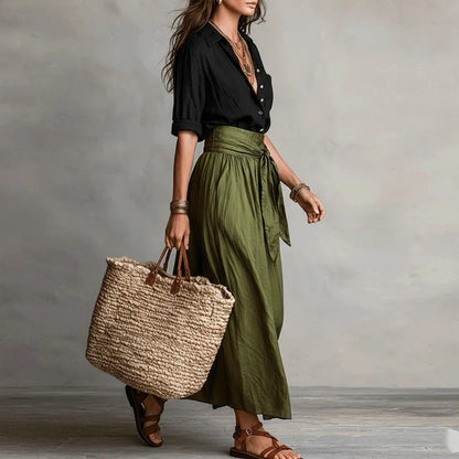 Elegante set a due pezzi con blusa per donne – Maxi gonna fluida con cintura