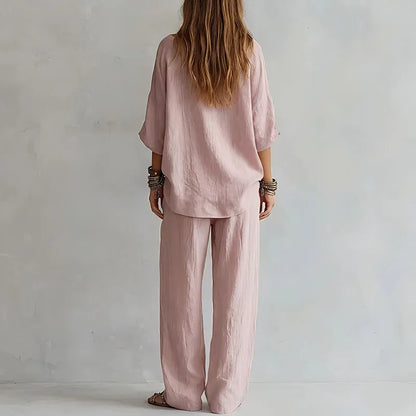 Set due pezzi casual con top senza spalle per donne – Outfit estivo leggero con pantaloni larghi