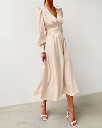 Elegante abito midi con scollo a V e bottoni – Abito lungo fluente per donne