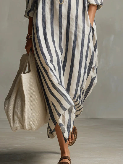 Abito Maxy a righe con colletto per donne - Abito estivo oversize leggero con tasche