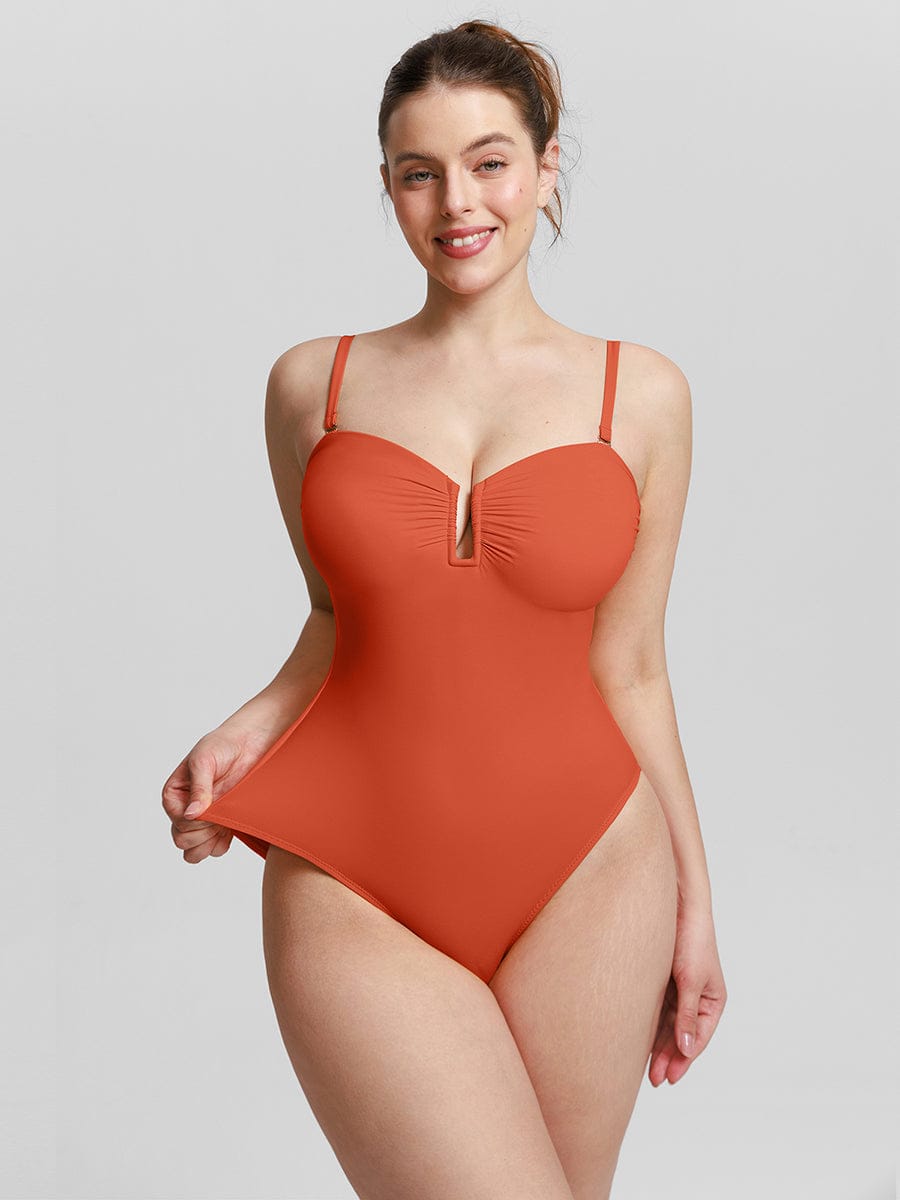 Costume da bagno modellante a bandeau con scollatura a V e spalline – Elegante costume da bagno modellante per donne
