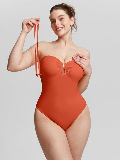 Costume da bagno modellante a bandeau con scollatura a V e spalline – Elegante costume da bagno modellante per donne