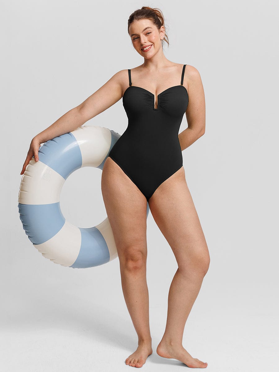 Costume da bagno modellante a bandeau con scollatura a V e spalline – Elegante costume da bagno modellante per donne