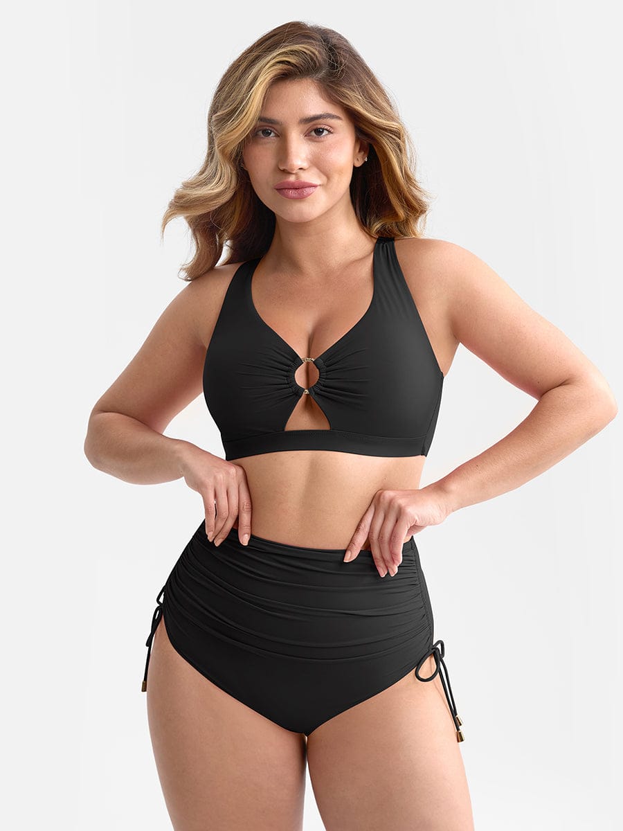 Set Bikini Modellante con Vita Alta e Ruches – Elegante Set di Costumi da Bagno Push-Up per Donne