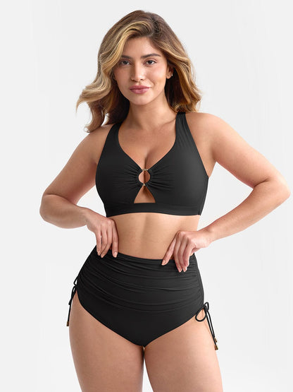 Set Bikini Modellante con Vita Alta e Ruches – Elegante Set di Costumi da Bagno Push-Up per Donne