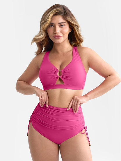Set Bikini Modellante con Vita Alta e Ruches – Elegante Set di Costumi da Bagno Push-Up per Donne