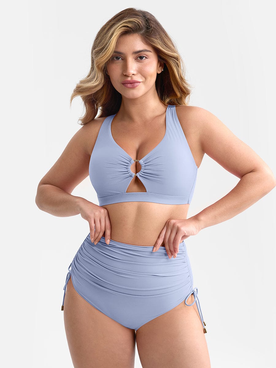 Set Bikini Modellante con Vita Alta e Ruches – Elegante Set di Costumi da Bagno Push-Up per Donne