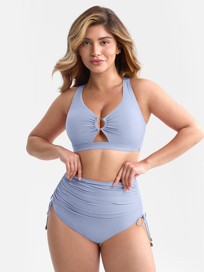Set Bikini Modellante con Vita Alta e Ruches – Elegante Set di Costumi da Bagno Push-Up per Donne