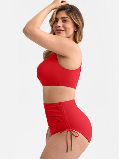 Set Bikini Modellante con Vita Alta e Ruches – Elegante Set di Costumi da Bagno Push-Up per Donne