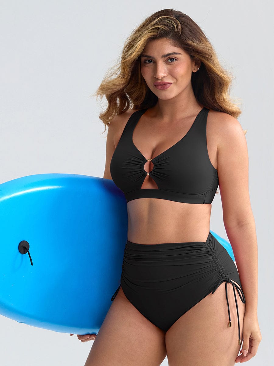 Set Bikini Modellante con Vita Alta e Ruches – Elegante Set di Costumi da Bagno Push-Up per Donne