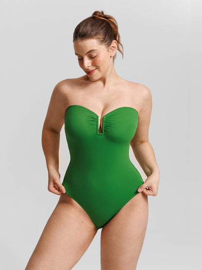 Costume da bagno modellante a bandeau con scollatura a V e spalline – Elegante costume da bagno modellante per donne