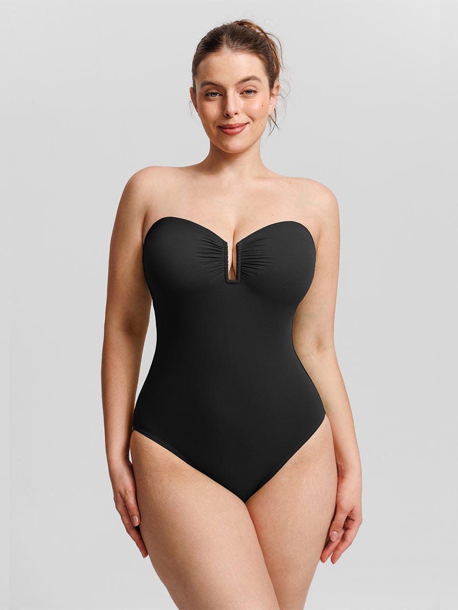 Costume da bagno modellante a bandeau con scollatura a V e spalline – Elegante costume da bagno modellante per donne