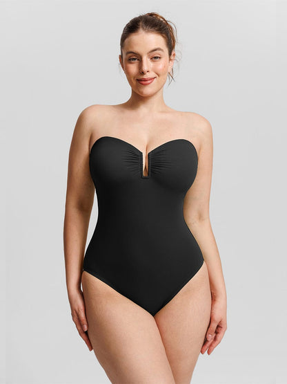 Costume da bagno modellante a bandeau con scollatura a V e spalline – Elegante costume da bagno modellante per donne