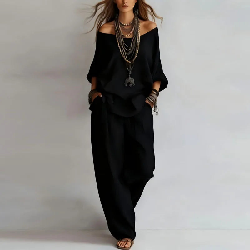 Set due pezzi casual con top senza spalle per donne – Outfit estivo leggero con pantaloni larghi