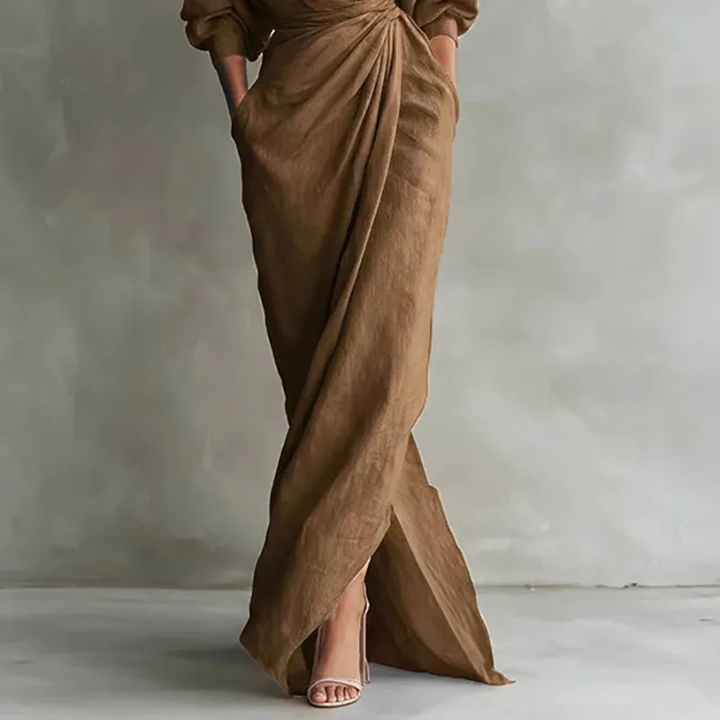 Elegante Maxikleid mit Drapierung für Damen – Figurbetontes Wickelkleid mit V-Ausschnitt