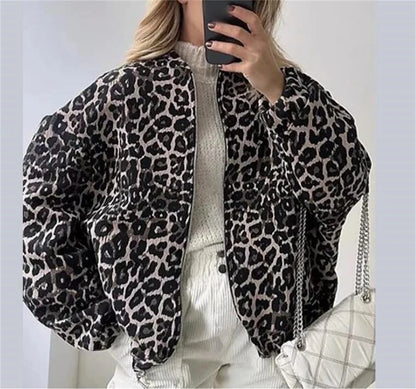 Giacca Bomber con Stampa Leopardo – Giacca casual per il passaggio di stagione con zip per donne