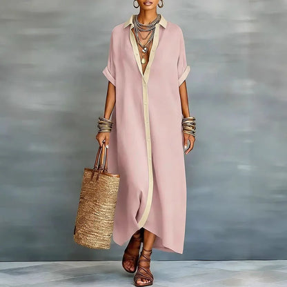 Abito lungo a camicia con bottoni per donne – Abito maxi leggero in effetto lino