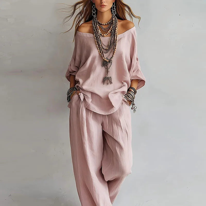 Set due pezzi casual con top off-shoulder per donne – Outfit estivo leggero con pantaloni larghi