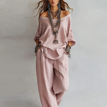 Set due pezzi casual con top off-shoulder per donne – Outfit estivo leggero con pantaloni larghi