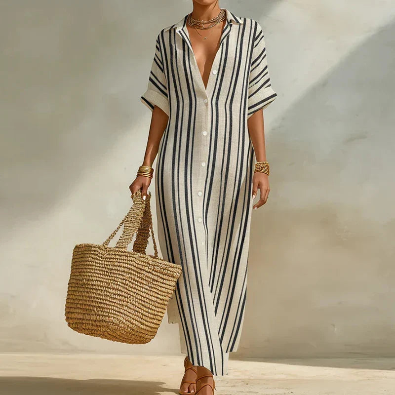 Abito camicia leggero con motivo a righe per donne – Elegante abito maxi per estate e vacanze