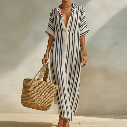 Abito camicia leggero con motivo a righe per donne – Elegante abito maxi per estate e vacanze