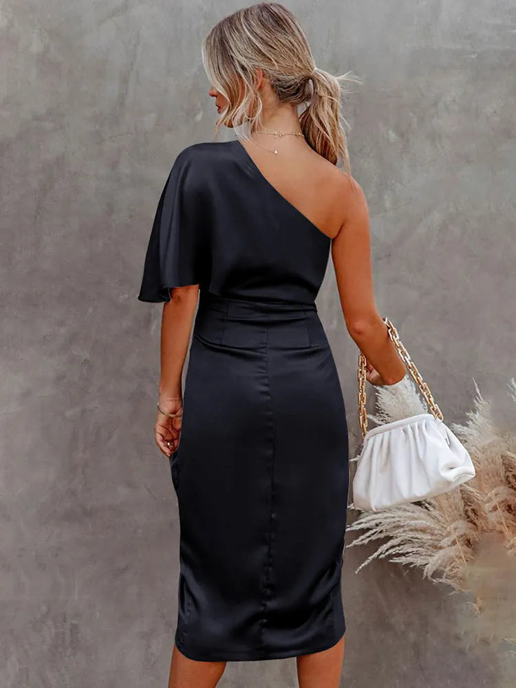 Abito midi elegante con spalla scoperta e finitura in satin per donne – Abito da sera aderente con taglio asimmetrico