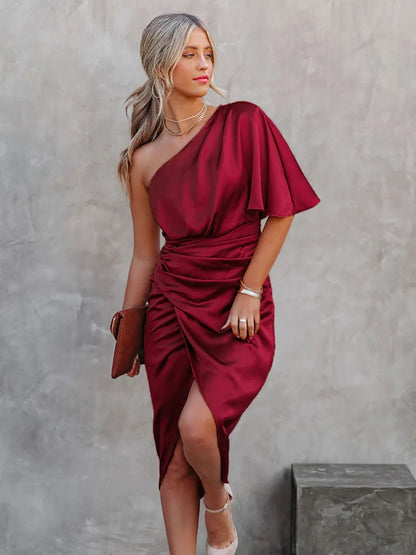 Abito midi elegante con spalla scoperta e finitura in satin per donne – Abito da sera aderente con taglio asimmetrico