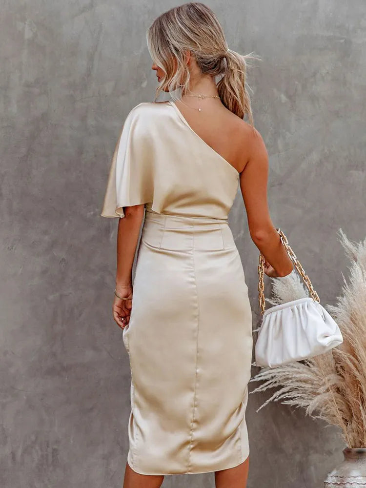 Abito midi elegante con spalla scoperta e finitura in satin per donne – Abito da sera aderente con taglio asimmetrico
