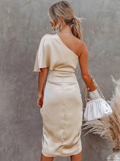 Abito midi elegante con spalla scoperta e finitura in satin per donne – Abito da sera aderente con taglio asimmetrico