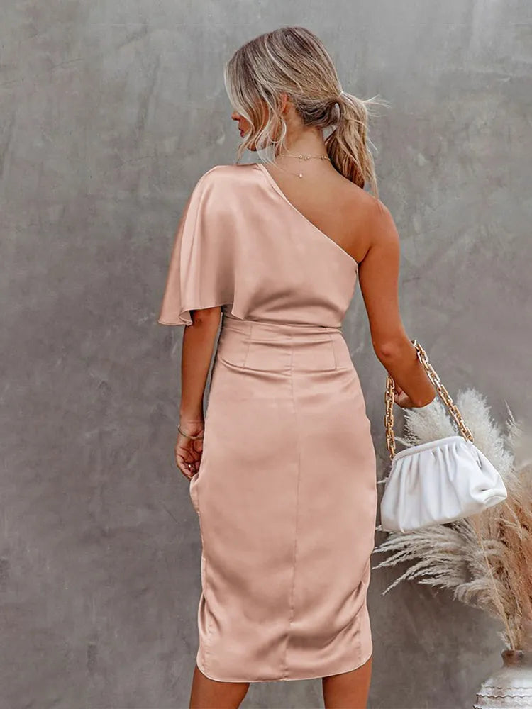 Abito midi elegante con spalla scoperta e finitura in satin per donne – Abito da sera aderente con taglio asimmetrico