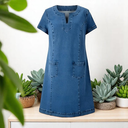 Abito in jeans con scollo a V per donne – Abito casual a maniche corte con tasche e vestibilità comoda