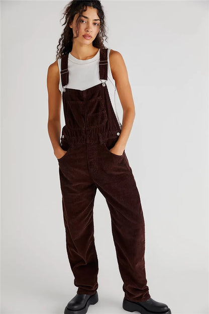 Pantaloni salopette casual da donna in corda con bretelle regolabili e tasche