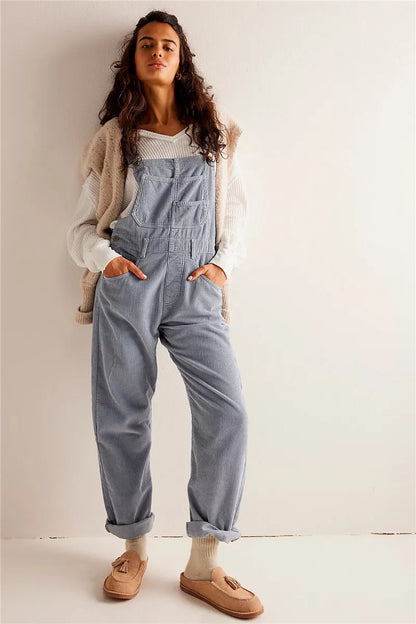Pantaloni salopette casual da donna in corda con bretelle regolabili e tasche