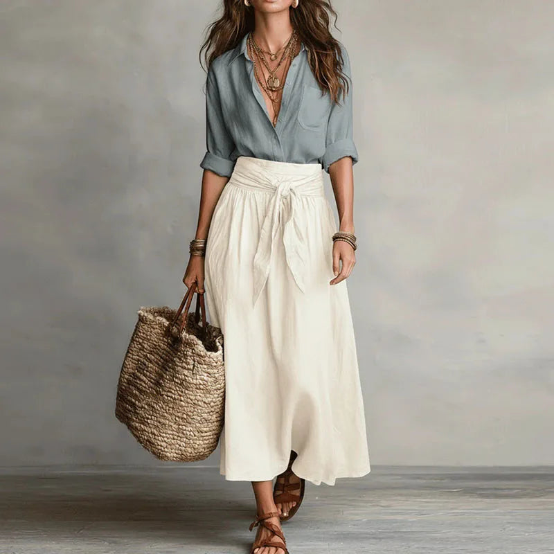 Elegante set a due pezzi con blusa per donne – Maxi gonna fluida con cintura