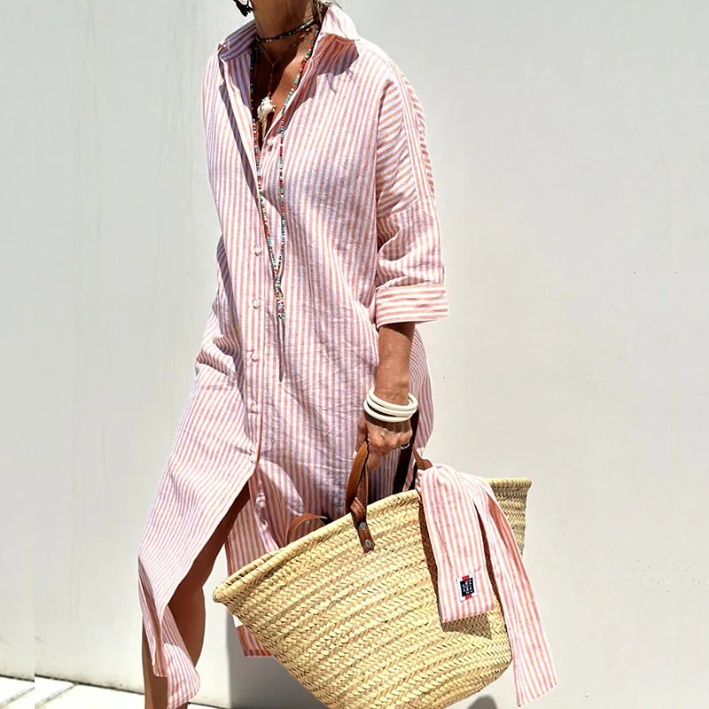 Marie - Abito Camicia a Maniche Lunghe a Righe Primavera-Estate, Comodo ed Elegante, con Sottile Spacco Laterale