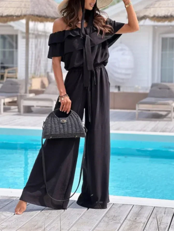 Capucielle - Combinazione elegante per donne con spalline scoperte, volant e gamba larga